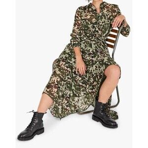 HUSH Kalina Camouflage Midi Dress Womens Size 6 Khaki Brown Militar 3/4 Sleeve